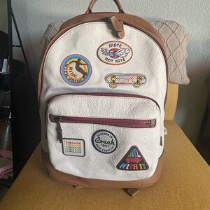 Coach White Leather Backpack with Tan Trim and Colorful Patch Accents